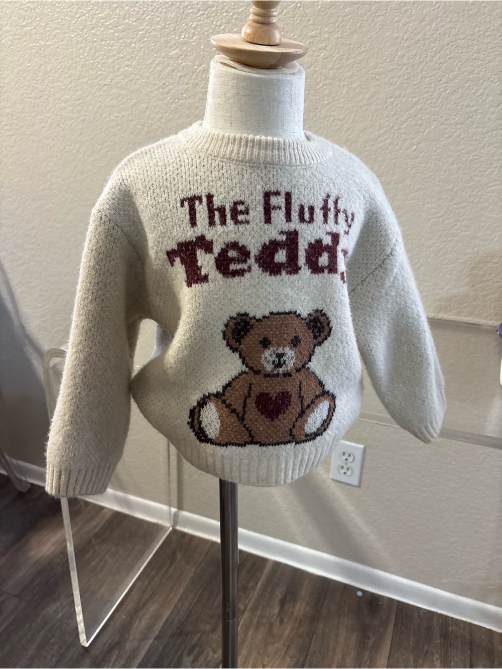 Zara Cream Knit Teddy Sweater with Brown Bear and Burgundy Accents